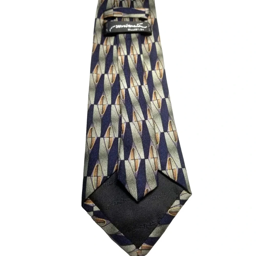 Antonia Collection Handmade Silk Geometric‎ Long Pointed Tie Blue/Green/Gold
